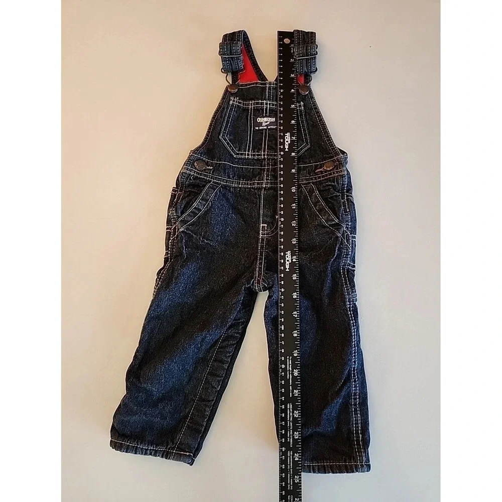 OshKosh B'gosh Toddler Overalls Blue Denim Red Fleece Lined Snaps Sz 12 Mos